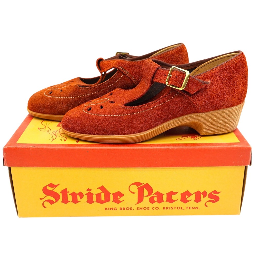 Stride Pacers T-Strap Mary Jane Shoes 9.5M Vintage 70s Rust Suede Deadstock